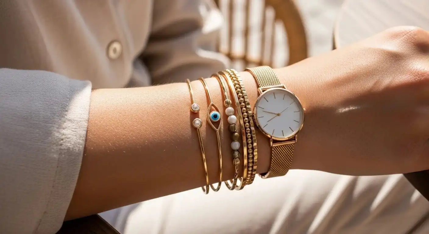A collection of evil eye bracelets in various styles and colors